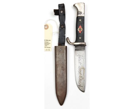 A Third Reich Hitler Youth knife, fartenmesser,  the blade etched with motto, stamped with RZM mark over “M7/42” over “1936” 