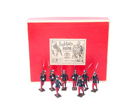 ‘Les Soldats de Plomb Paris’ Saints-Cyriens Mignot set. 8 French Army marching, Officer, bugler, 6 soldiers with rifles at th