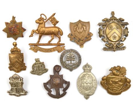 10 school cadet cap badges: Cranleigh CCF, Eton Coll., Alleyn’s School London and pouch badge with 2 studs, Canford OTC (worn