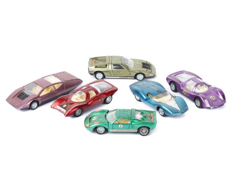 6 Auto Pilen cars. A Porsche Carrera 6 (303) in purple, Mercedes C 111 (321) in metallic green, Vauxhall SRV (337) in metalli