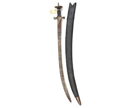 A tulwar,  curved blade 29½”, with 3 shallow fullers, solid iron hilt with crossguard, langets, dish pommel and short spike, 