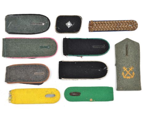 9 Third Reich single epaulettes, including grey or grey/green with pink, brown and black piping; black with green and white p