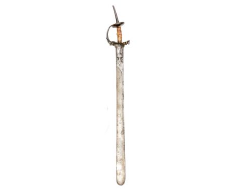An 18th cent Indian sword khanda, broad blade 30”, slightly swollen towards rounded tip, reinforce with floral finial to two 