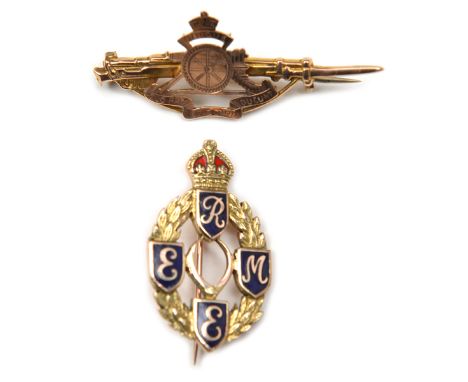 A gold “sweetheart” tie pin of The R Artillery, badge on rifle and bayonet, marked “9ct Gold” and “A Bros” (slightly bent), a