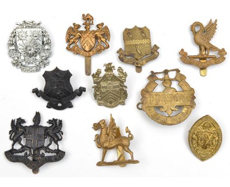 10 School cadet cap badges: Perse OTC (slide resoldered), blackened Herne Bay, K William Col I.O.M, City of London OTC, Monmo