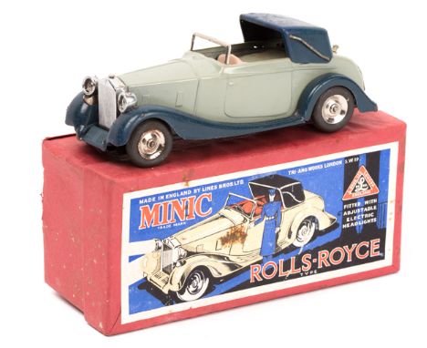 A rare early 1930’s tinplate Minic Scale Model Series clockwork Rolls Royce Type Sedanca (50ME). An example with electric hea