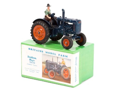 A Britains Model Farm Fordson Major Tractor 128F. An example in dark blue with orange wheels and black rubber tyres. Complete
