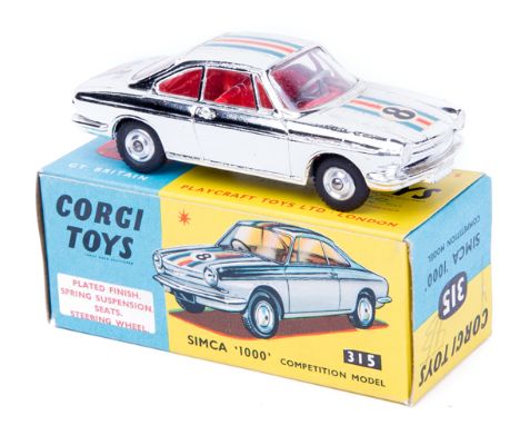 Corgi Toys Simca ‘1000’ Competition Model (315). An example in silver vacuum plated finish, RN 8 with red interior. Boxed. Ve