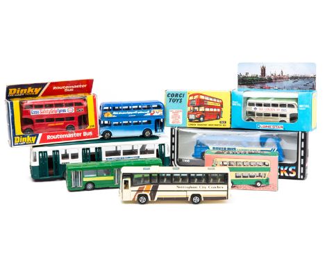 A quantity of mostly double deck buses by Corgi, Dinky, Autocarro etc. 1960’s Corgi L.T. Routemaster bus (468) in red LT live