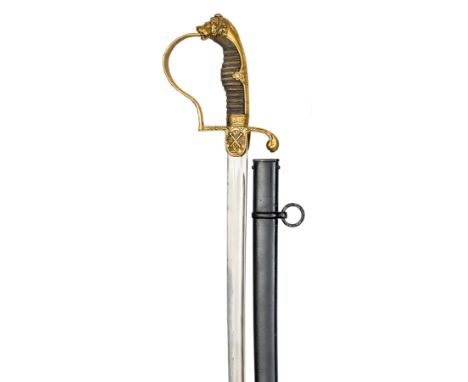 An Imperial German artillery officer’s sword,  curved, fullered blade 32”, foliate panelled brass stirrup hilt, the langets b