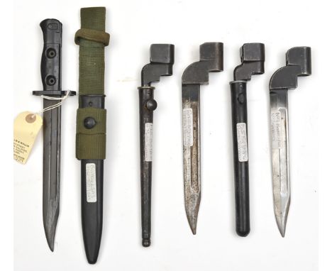 A scarce British pre 1947 prototype bayonet for the No 4 rifle,  and a standard model d. 1949 (no scabbards); a Mk II spike b