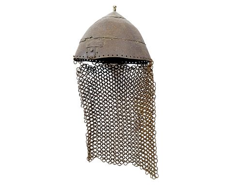 An old kulah khud helmet,  possibly Afghan, 3 ascending sheet iron sections with facetted and engraved brass top stud, heavy 