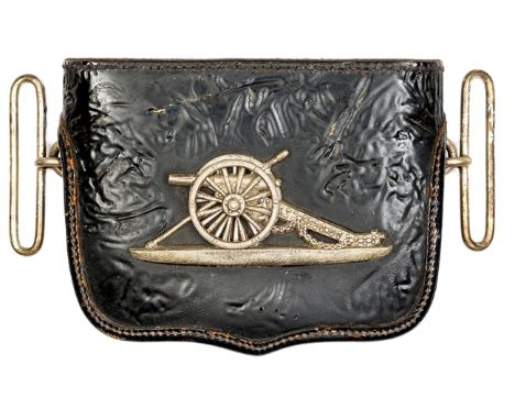 †A late 19th century officer’s small black PL pouch of the Volunteer Artillery, silver plated cannon flap badge and belt loop