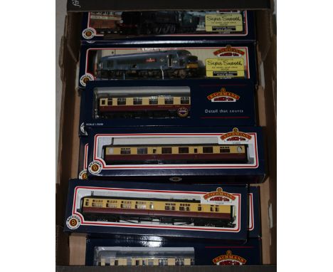 2 Bachmann OO locomotives and 7 passenger coaches. A BR type 4 class 46 1-Co-Co-1 diesel locomotive D193 (31-077) in Brunswic