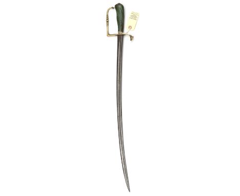 A mid 18th cent 5 ball hilted hunting hanger,  curved fullered blade 23”, with back fuller for two thirds length, brass stirr