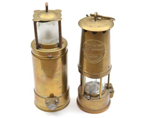 A miner’s all brass oil lamp, by The Protector Lamp & Lighting Co Ltd, Manchester; and a miner’s brass electric lamp, by McGe