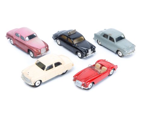 5 early Corgi Toys. An MGA also red, Vauxhall Velox in cream, Austin Cambridge in light grey, a mechanical example. Riley Pat