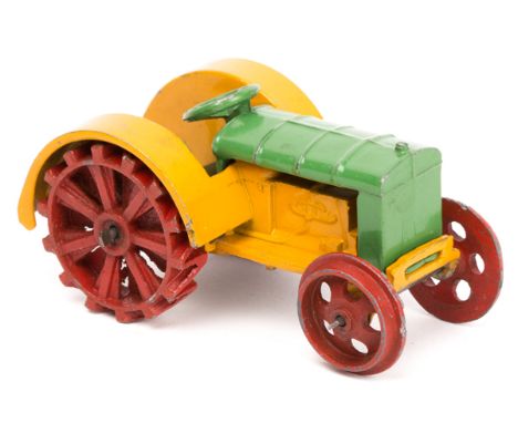 A scarce 1930’s Meccano Dinky Toys Farm Tractor 22e. An example in yellow and green with red wheels, with hook. VGC for age, 