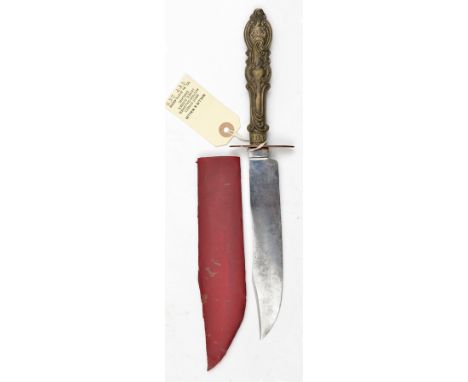 A bowie style knife,  plated blade 6½”, plain oval copper crossguard, composition filled thin sheet WM handle embossed with o