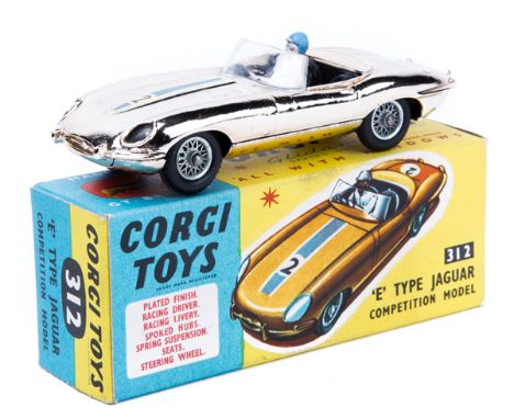 Corgi Toys ‘E’ Type Jaguar Competition Model (312). An example in light gold vacuum plated finish, RN2, with black interior, 