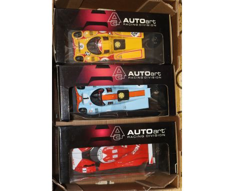 3 Autoart 1:18 scale Le Mans style Sports Prototypes. 2x 1970 Porsche 917K – Gulf Racing, RN1 Daytona 24H in light blue orang