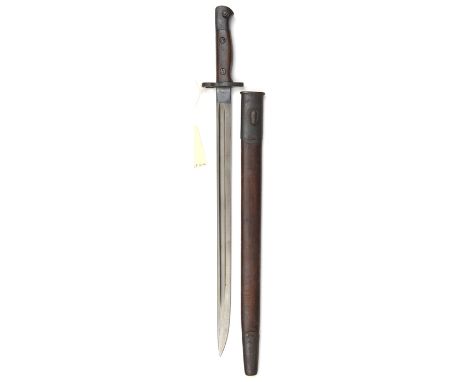 A WWI P1907 SMLE bayonet,  stamps at forte including date “10 ‘15”, in its steel mounted brown leather scabbard with stamps a