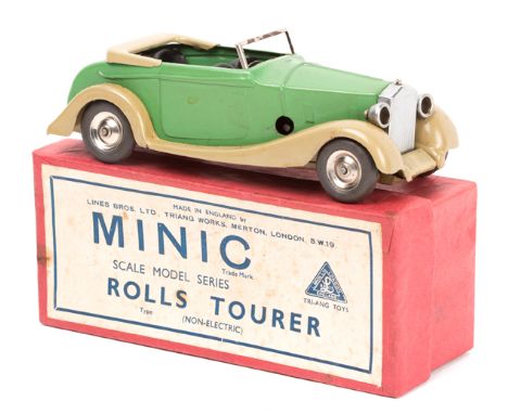 A rare late 1930’s tinplate Minic Scale Model Series clockwork Rolls Tourer (35M). In light green with stone coloured chassis