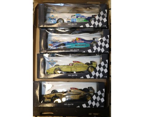 4 1:18 scale Pauls Model Art Formula 1 single seat racing cars. 2x 1996 Jordan-Peugeot 196, M. Brundle RN12, bodywork and liv