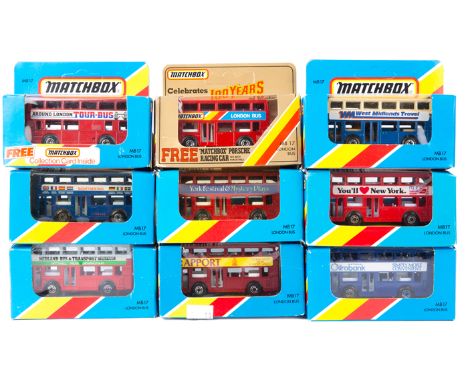 32 Matchbox 75/MB series. 10x No17 Daimler/Leyland double deck buses. Adverts include, 3x Berger Paints, 3x Laker Skytrain, p