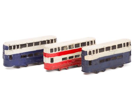 3 Johillco Diecast tramcars. 2 in dark blue and cream and one in red and cream, all complete with wheels and tinplate bases. 