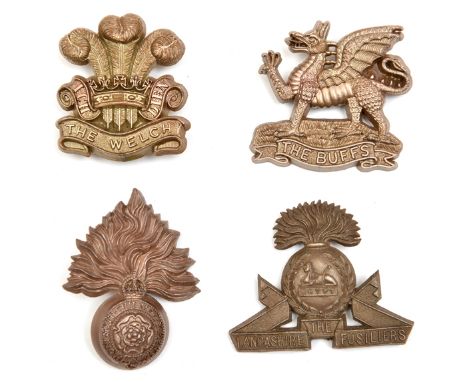 4 WWII infantry plastic cap badges: Buffs, R Fus, Lancs Fus and Welch. GC to VGC  Part of a Private Collection               