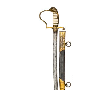 An early 19th century continental naval officer’s sword, curved, fullered and watered blade 30½”, etched on both sides at for