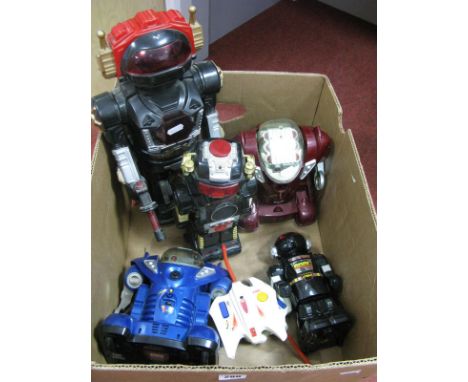 Five Circa 1980's and Later Battery Operated Plastic Toy Robots By Nikko, New Bright and other including two Nikko "Fighting"