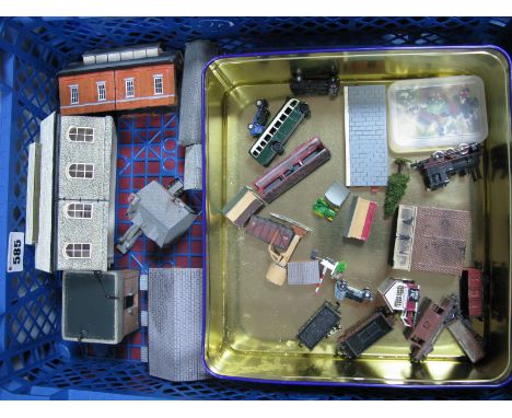 A Quantity of unboxed 'N' Gauge Rolling Stock (5), Buildings, including engine shed, vehicles, people, animals, etc, plus pla