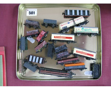 A Quantity of 'N' Gauge Unboxed Rolling Stock, by Bachmann, Dapol, Bertren, etc - tankers (2), ore wagons, box vans, etc, goo