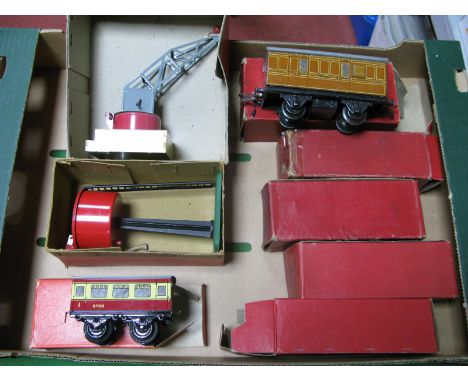 Eight Hornby "O" Gauge/7mm Items Boxed Rolling Stock Etc, No 1 water tank, platform crane, No 1 rotary tipper, two No 1 timbe