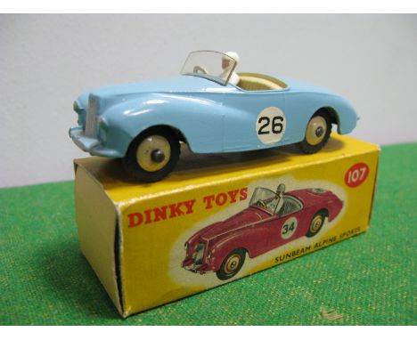 Dinky No. 107 Sunbeam, Alpine Sports, cream hubs, light blue, racing no. 26, overall very good, boxed, wrong colour spot and 