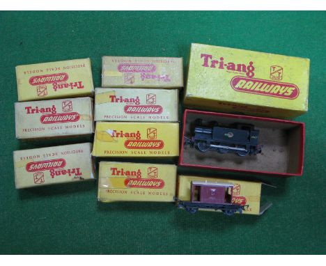 A Triang "TT" Gauge Ref T90 Boxed 0-6-0 BR Black "Jinty" R/No 47607, plus eight items, boxed rolling stock tankers, box vans 