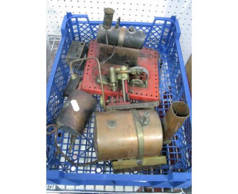 A Mamod SE2 Steam Engine, poor plus a small vertical brass steam engine, a copper boiler and associated items.