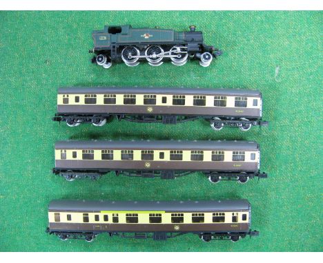 Grafar 'N' Gauge Ref 1605 2-6-2 'Prairie' Tank Steam Locomotive, BR lined green, R/No. 6115. plus three BR MK1 brown/cream co