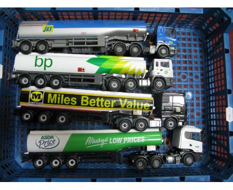 Four Modern Diecast Model Petrol Tankers, by Corgi, Tractor Units, include Scania, MAN, ERF, Asda, Morrisons, BP, Jet, liveri