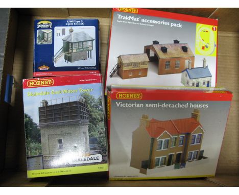 Four "OO" Gauge/4mm Boxed Trackside Buildings, Hornby R8851 Water Tower R8084 Engine Shed, Signal Box and Cottage, R273 Victo