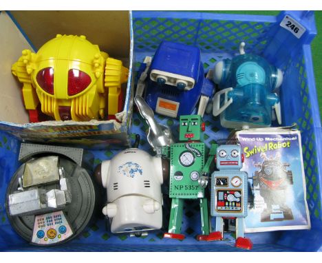 Nine Circa 1980's and Later Plastic and Tin Toy Robots, Duck by Tomy, J.S.N.Y, Everlast Toys, Sears including battery operate
