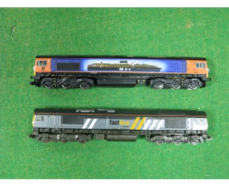 Two 'N' Gauge Class 66 Co-Co Diesel Locomotives, unboxed, Dapol "Sorrento" R/No. 66709, plus Bachmann "Fast Lane", R/No. 6630