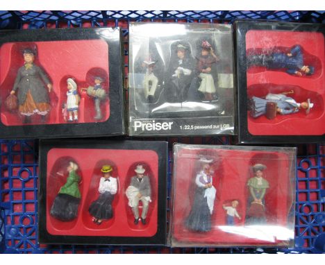 Five Preiser 1/22.5 (G) Scale Boxed Figure Sets, Ref No.'s 45056, 45061, 45064, 45065, 45066, appear unused, cases grubby.