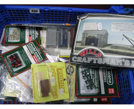 A "Wills" "OO" Gauge/4mm Boxed Goods Shed Kit, plus various blister pack, poly bag, kits etc by Gem Model Scene, patio etc, l