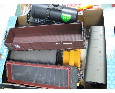 Eight Items LGB "G" Gauge Unboxed Rolling Stock, BP Tanker, Matra crane "KP-EV" post van, two "DB Railway", four wheel coache