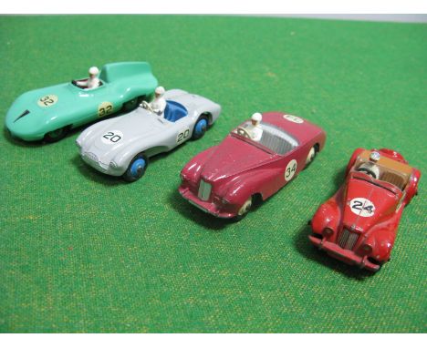 Four Original Dinky Sports Cars,  No. 108 MG Midget, No. 107 Sunbeam Alpine, Aston Martin, No. 235 Convertible, all fair, goo