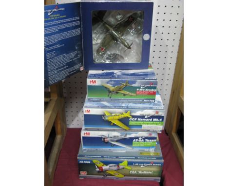 Five Hobbymaster 1:72nd Scale Diecast Model Military Aircraft, including #HA7006 F2A "Buffalo" US Navy VF-2, #HA1504 AT-6A Te