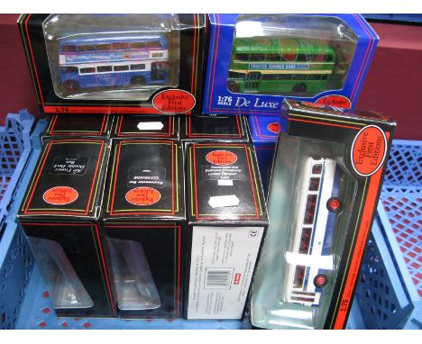 Ten EFE 1:76th Scale Diecast Model Buses, including #15604 Routemaster Bus Essex Radio Southend Transport, boxed.